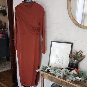 Elegant Rust Long Sleeve Dress, Large